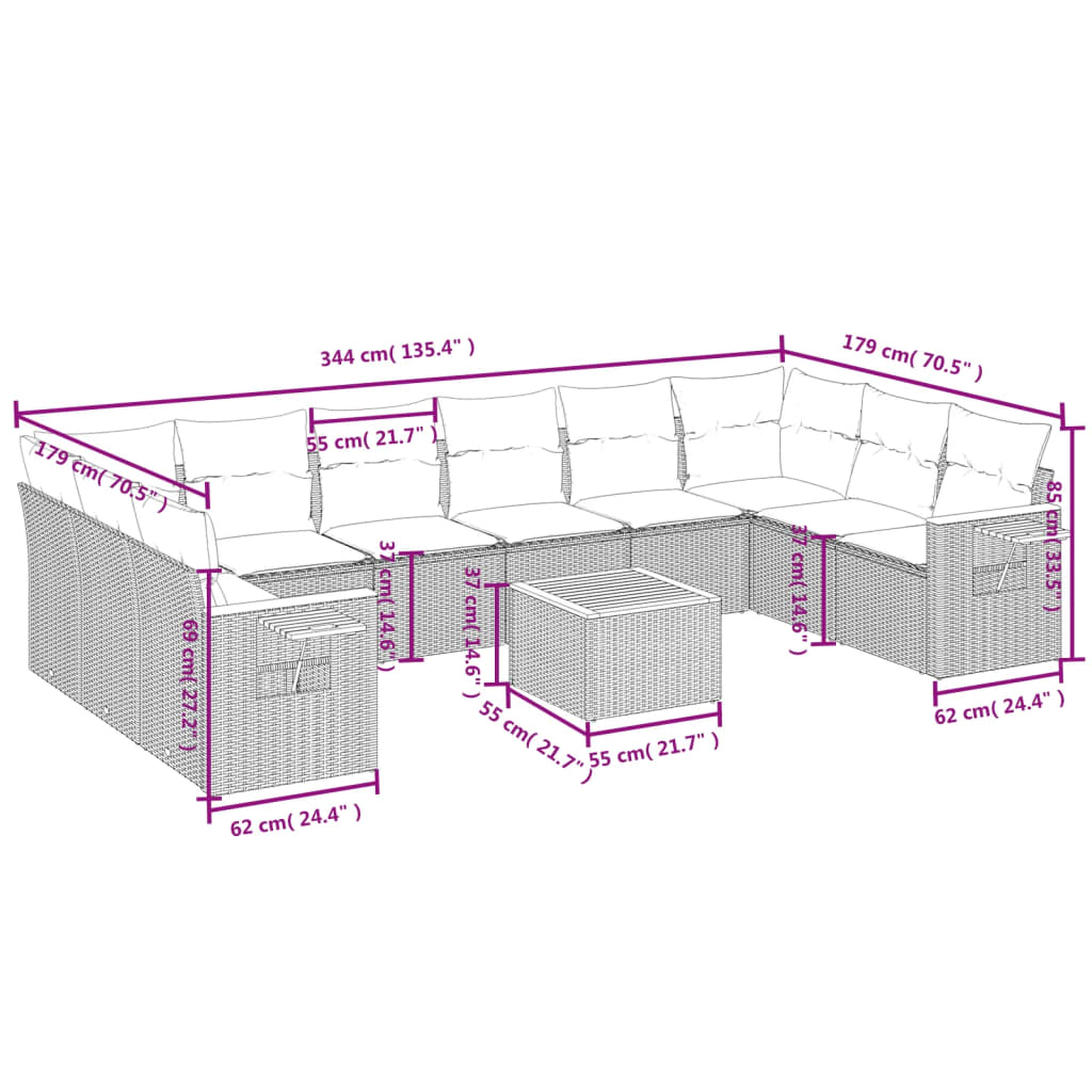 10-tlg. Garten-Sofagarnitur mit Kissen Schwarz Poly Rattan