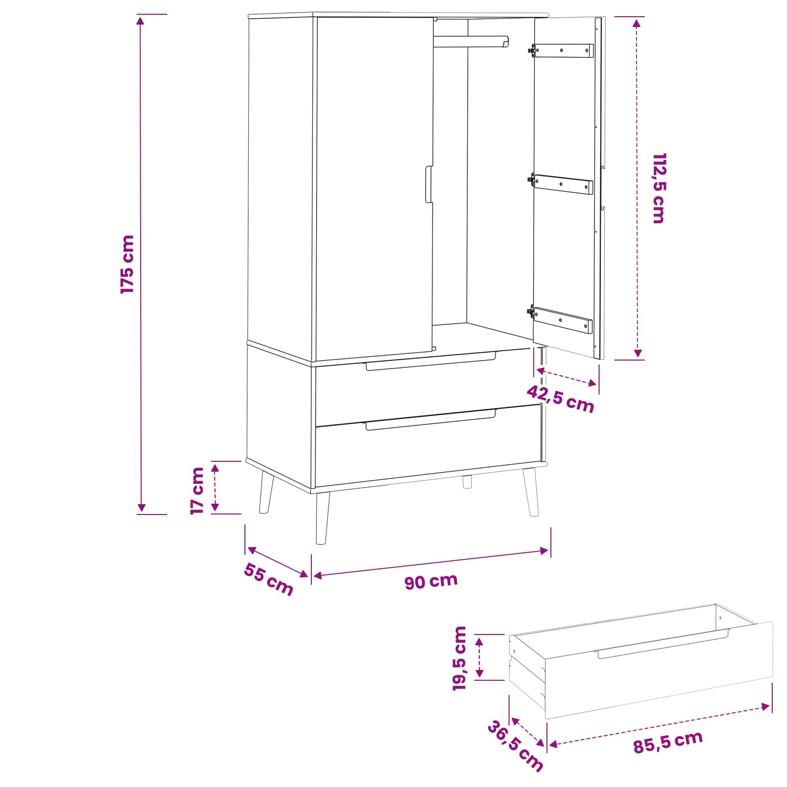 Kleiderschrank MOLDE Braun 90x55x175 cm Massivholz Kiefer
