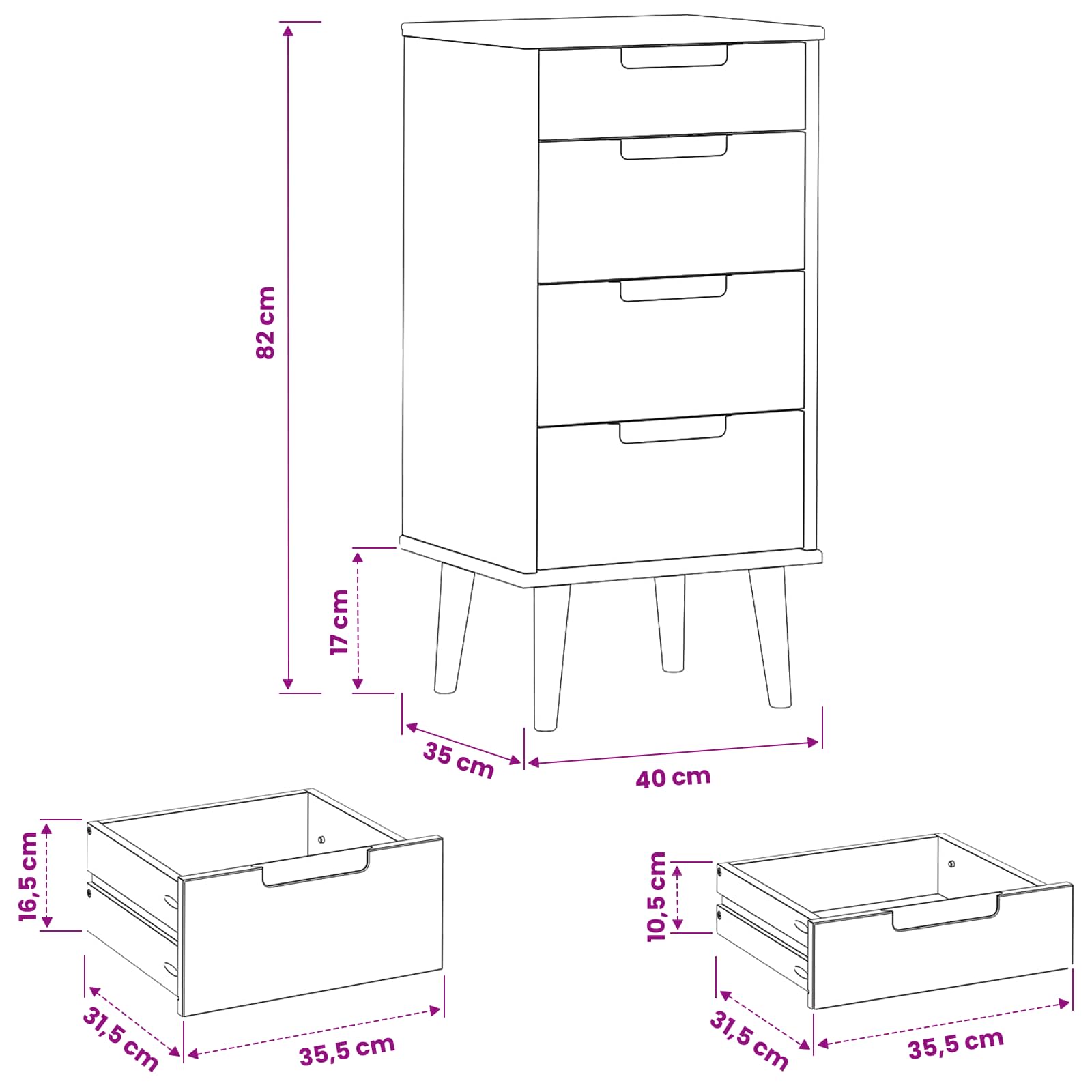 Schubladenschrank MOLDE Weiß 40x35x82 cm Massivholz Kiefer