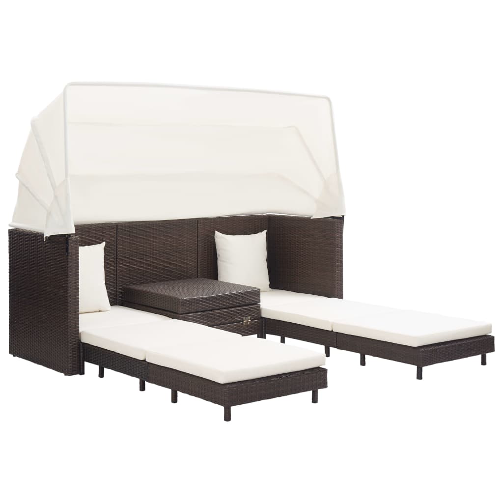 Ausziehbares 3-Sitzer-Schlafsofa mit Dach Poly Rattan Schwarz