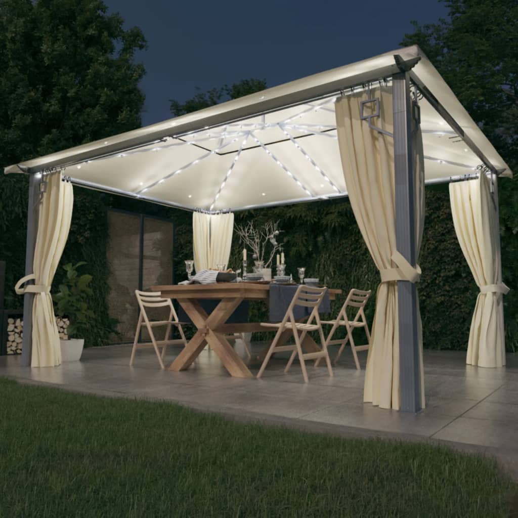 Pavillon mit Vorhängen & LED-Lichterkette 300x300 cm Creme Alu