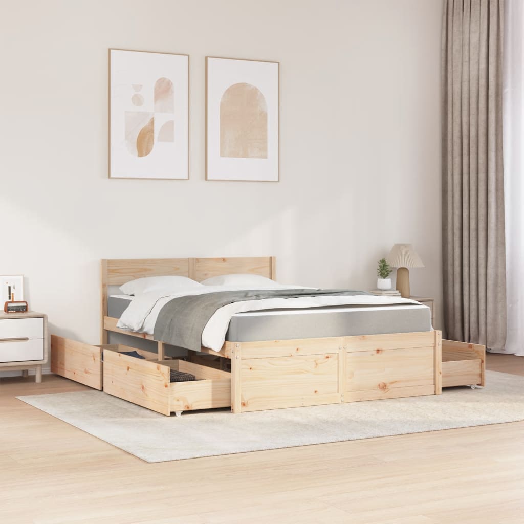 Bett mit Schubladen und Matratze 200x200 cm Massivholz Kiefer