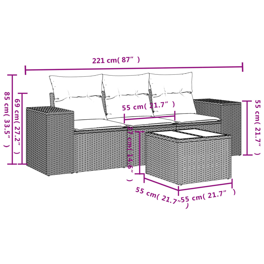 3-tlg. Garten-Sofagarnitur mit Kissen Schwarz Poly Rattan