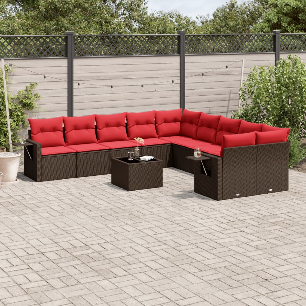 10-teiliges Gartensofa-Set mit Kissen, schwarzes Polyrattan