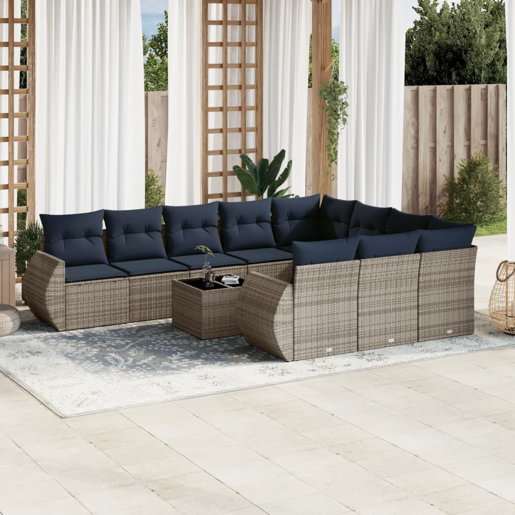 10-teiliges Gartensofa-Set mit Kissen, schwarzes Polyrattan