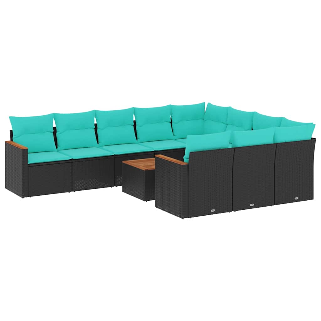 10-teiliges Gartensofa-Set mit Kissen, schwarzes Polyrattan