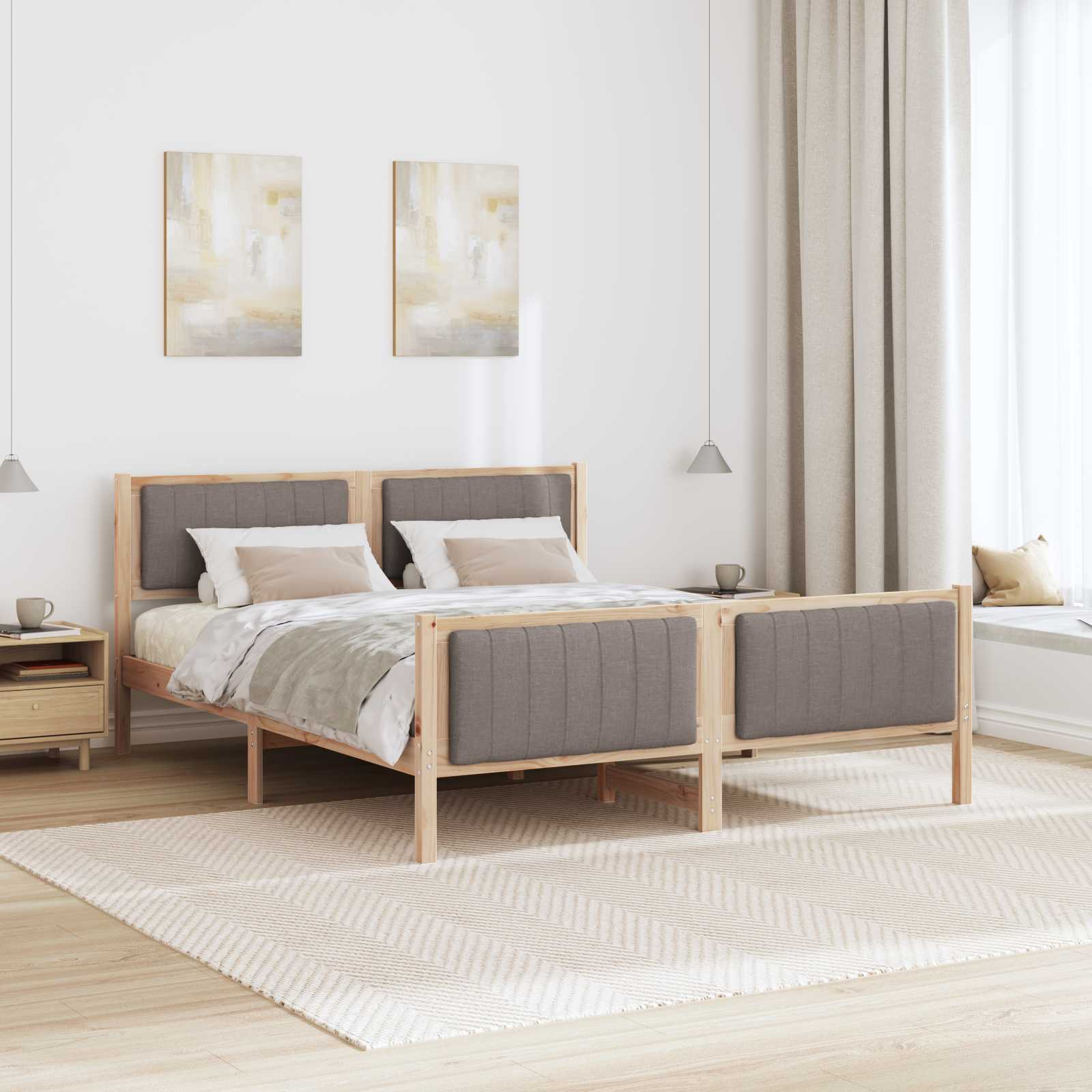 Bettgestell Braun und hellgrau 200 x 200 cm Massivholz Kiefer