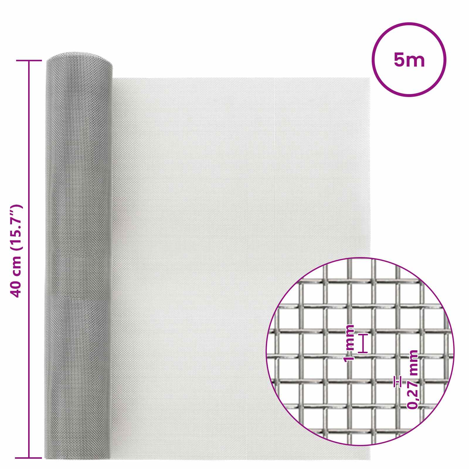 Mesh Bildschirm 20 x 500 cm 20 Mesh Edelstahl 201 Silber