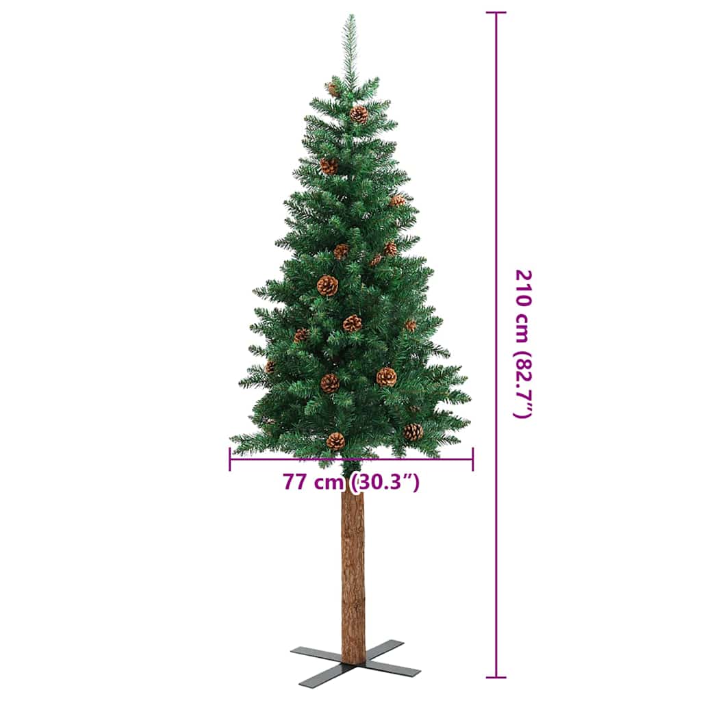 Weihnachtsbaum Schlank mit Echtholz und Zapfen Grün 150 cm PVC