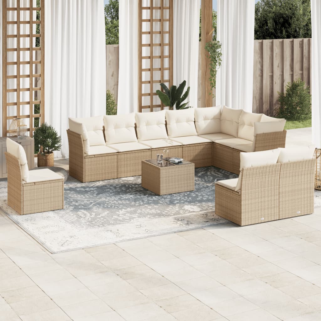 10-tlg. Garten-Sofagarnitur mit Kissen Schwarz Poly Rattan