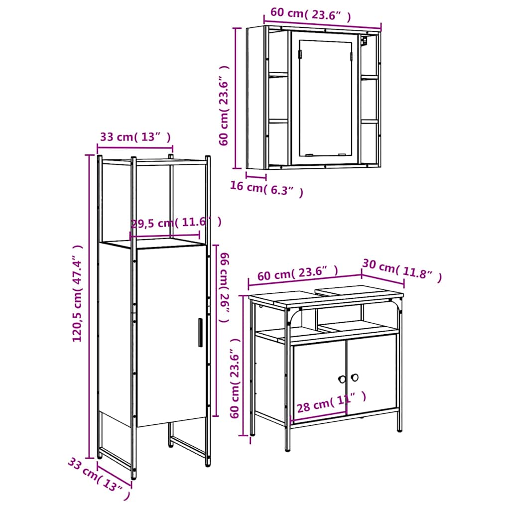 3-tlg. Badmöbel-Set Schwarz Holzwerkstoff