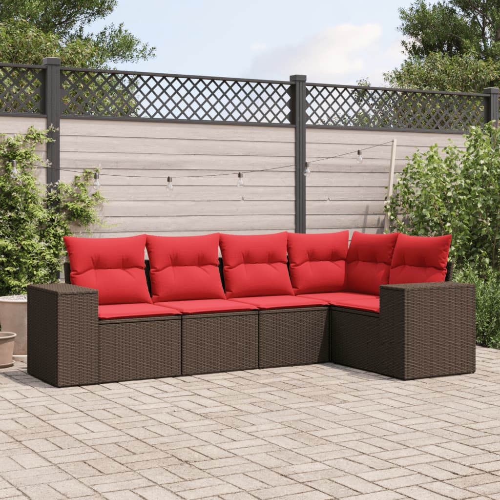 5-teiliges Gartensofa-Set mit Kissen, schwarzes Polyrattan