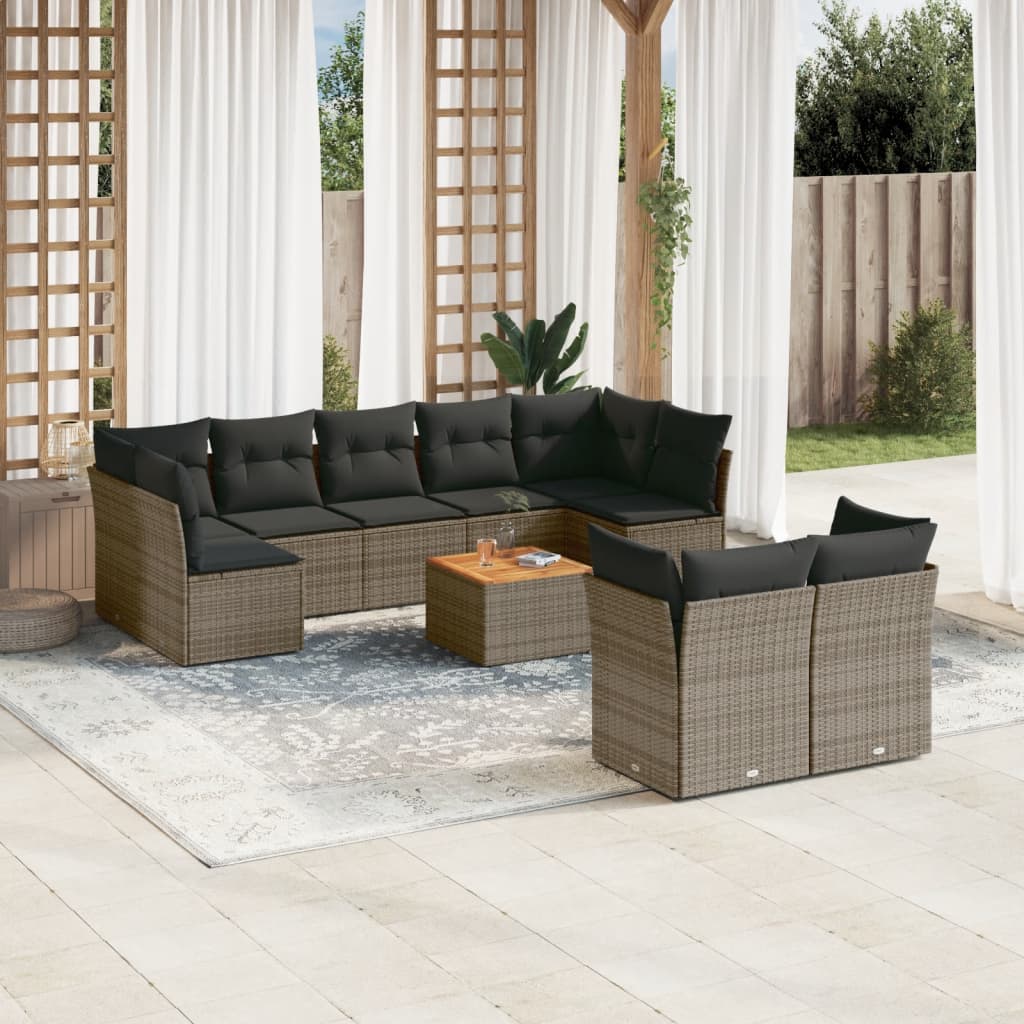 10-tlg. Garten-Sofagarnitur mit Kissen Schwarz Poly Rattan