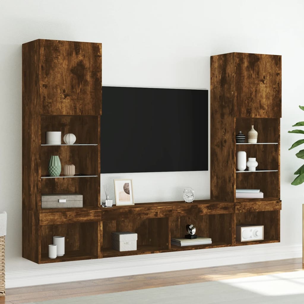 5-tlg. Wohnwand mit LED-Beleuchtung Weiß Holzwerkstoff