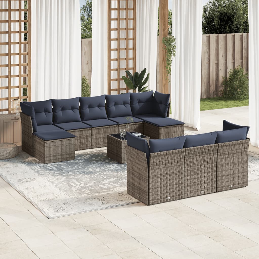 10-teiliges Gartensofa-Set mit Kissen, schwarzes Polyrattan