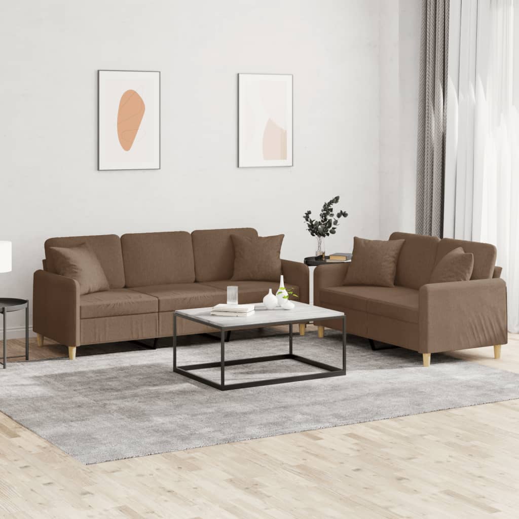 3-tlg. Sofagarnitur mit Kissen Braun Stoff