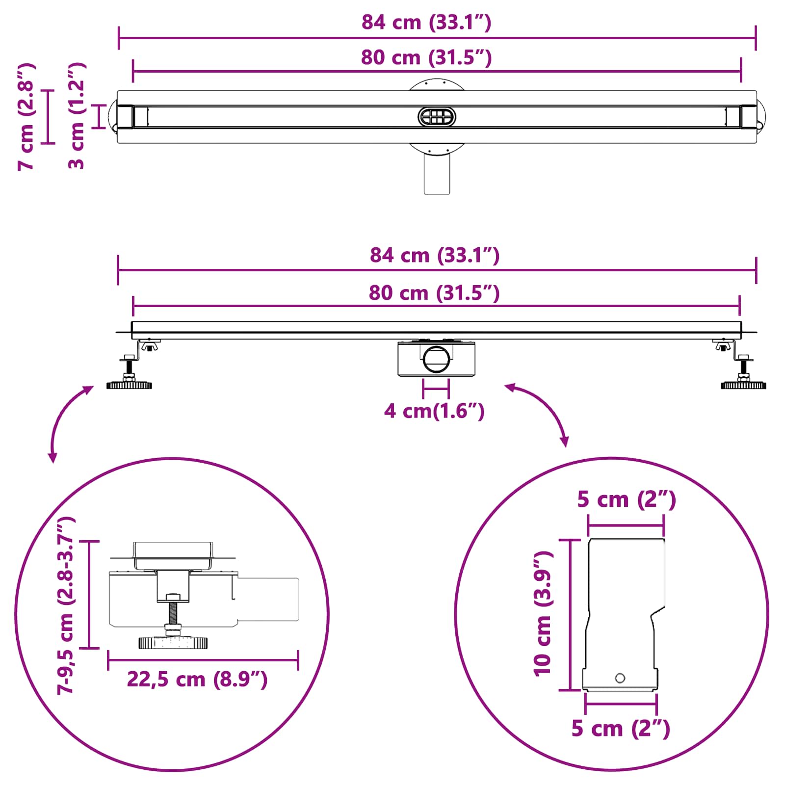 360° Duschablauf mit slim Modell Silber 50 cm Edelstahl 304