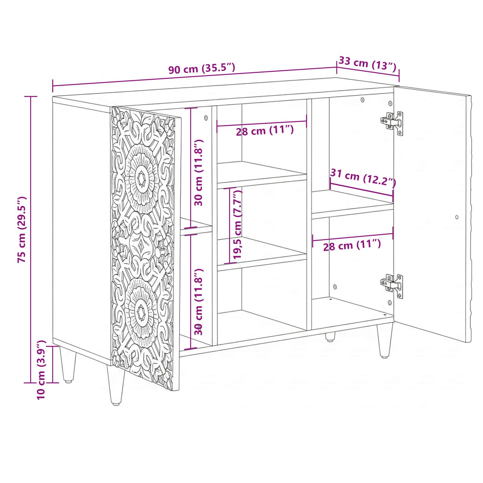 Sideboard mit Regal Braun 90 x 33,5 x 75 cm Massivholz Mango