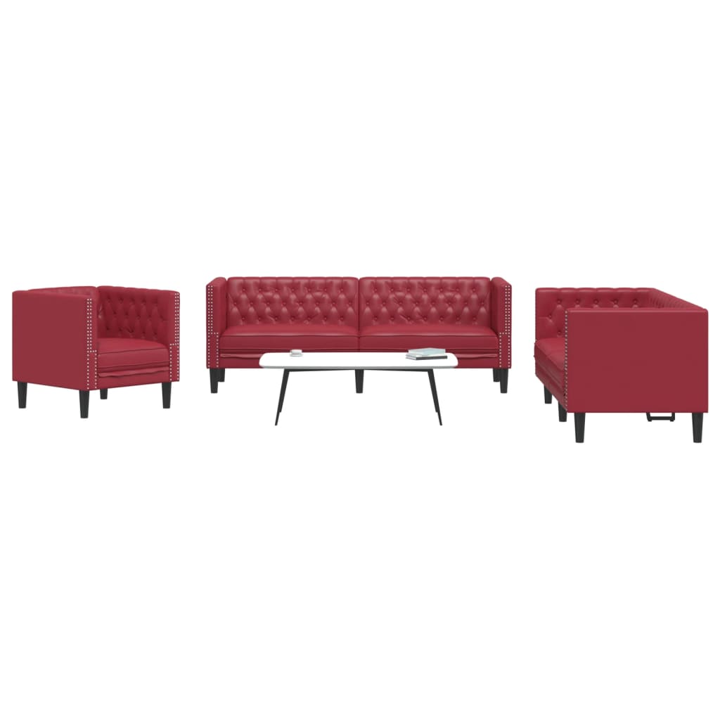 3-tlg. Chesterfield-Sofa-Set Schwarz Kunstleder