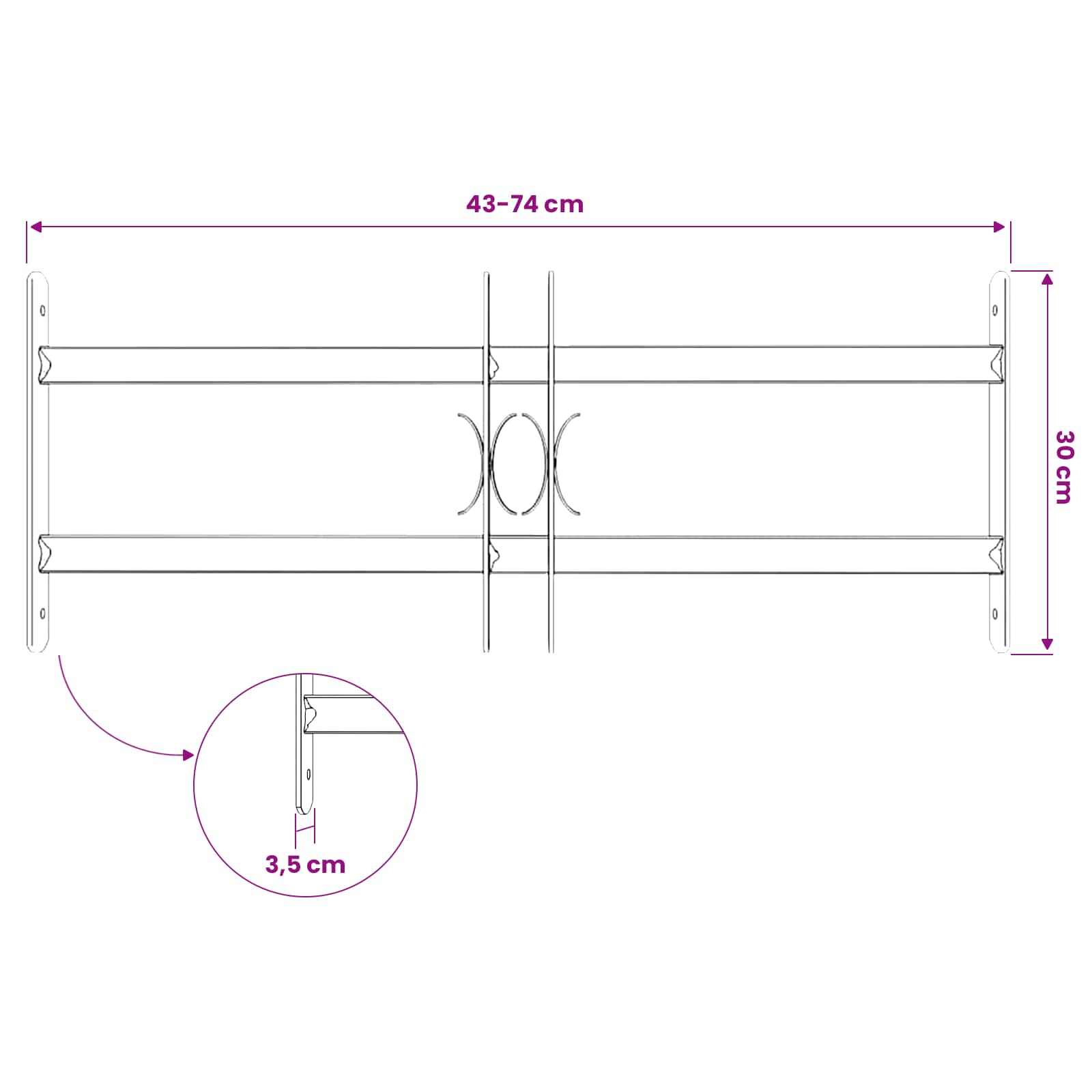 Sicherheitsgitter für Fenster mit 2 Querstangen 43-74 cm