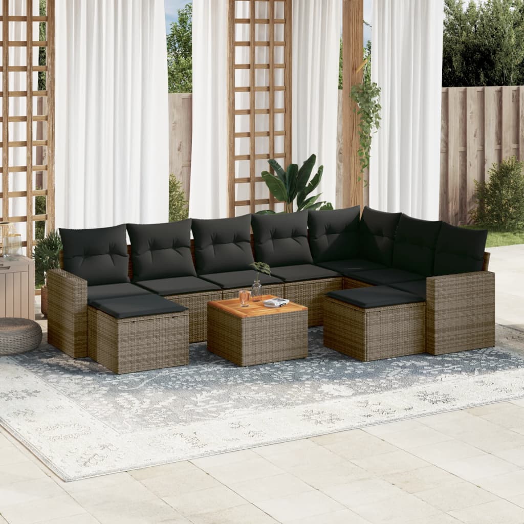 10-tlg. Garten-Sofagarnitur mit Kissen Schwarz Poly Rattan
