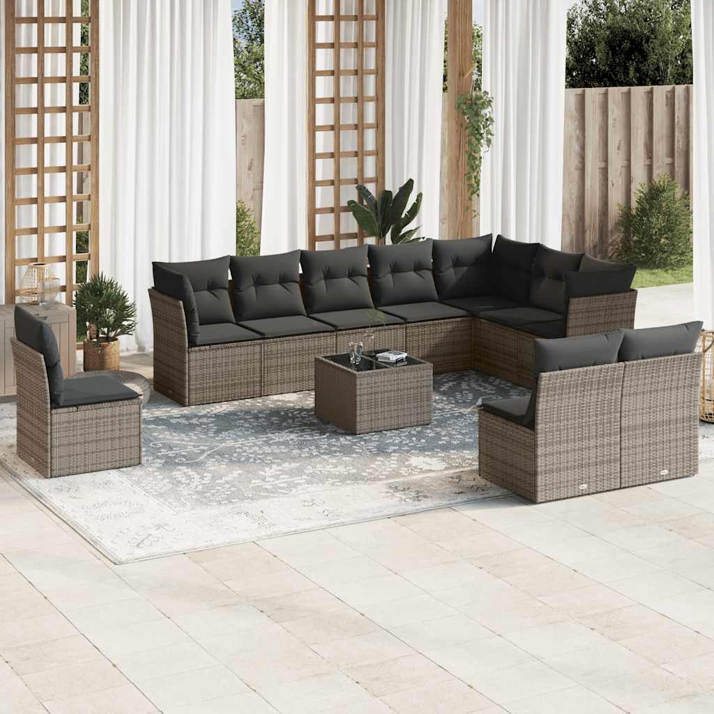 10-tlg. Garten-Sofagarnitur mit Kissen Schwarz Poly Rattan