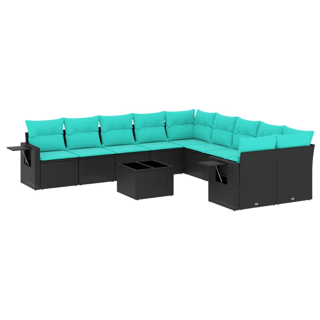 10-teiliges Gartensofa-Set mit Kissen, schwarzes Polyrattan
