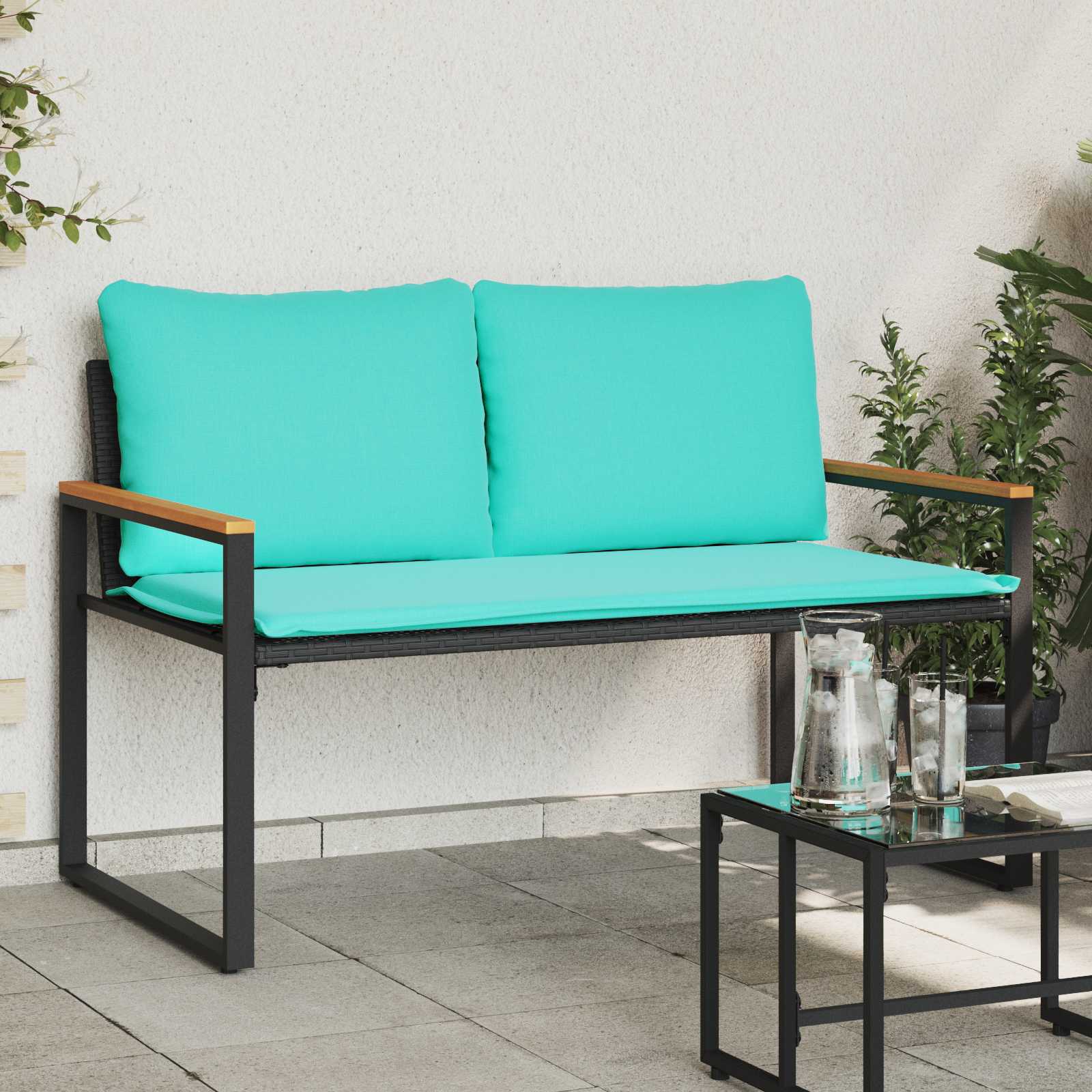 Bank mit Kissen Schwarz und Cremeweiß 115 x 65 x 72 cm Rattan