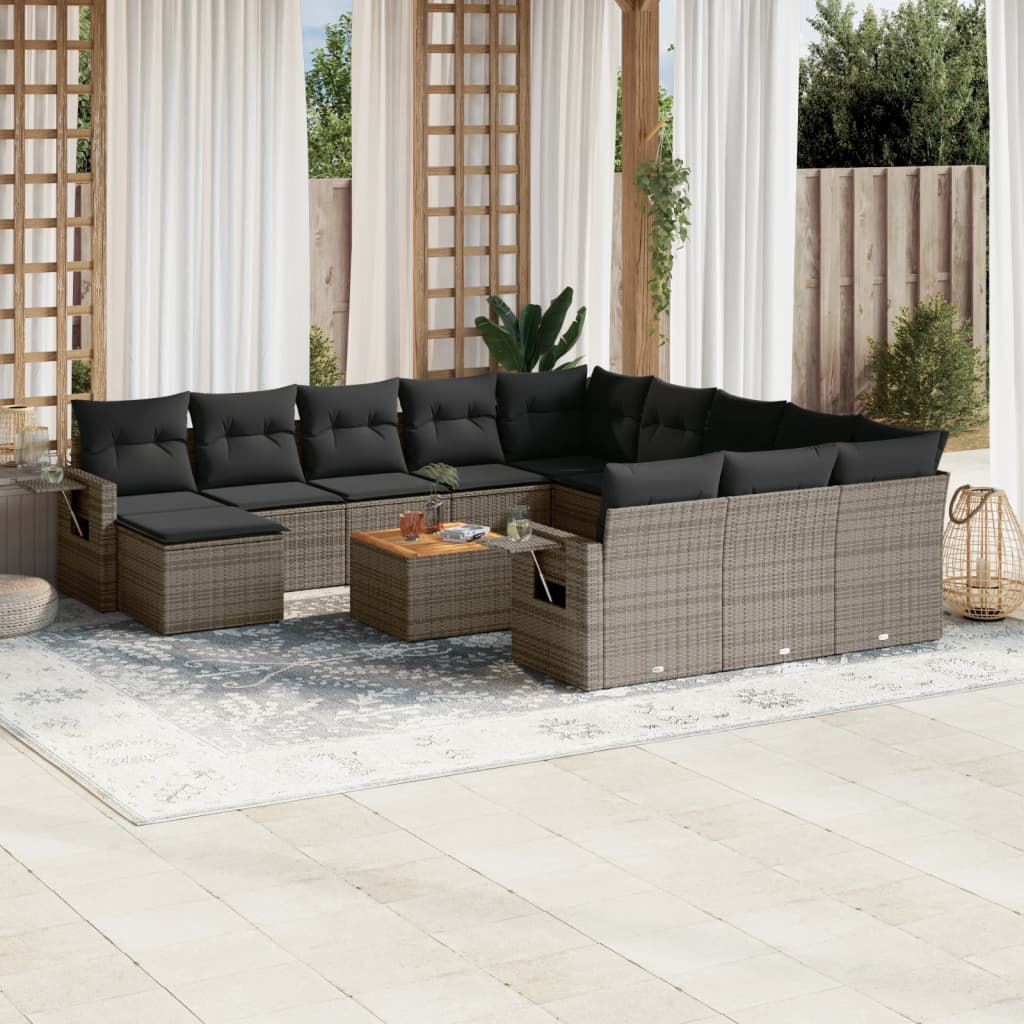 13-tlg. Garten-Sofagarnitur mit Kissen Schwarz Poly Rattan