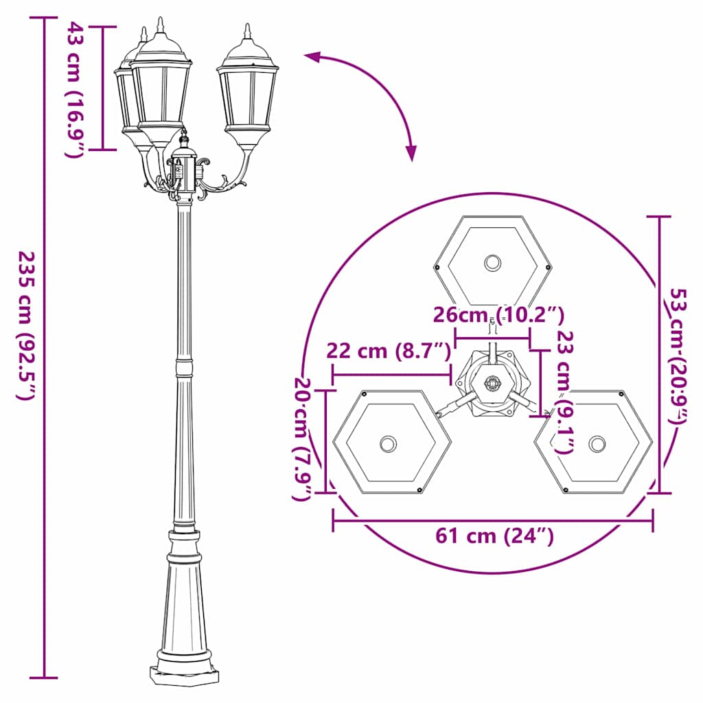 Gartenlaterne 3-flammig 230 cm Dunkelgrün/Schwarz Aluminium
