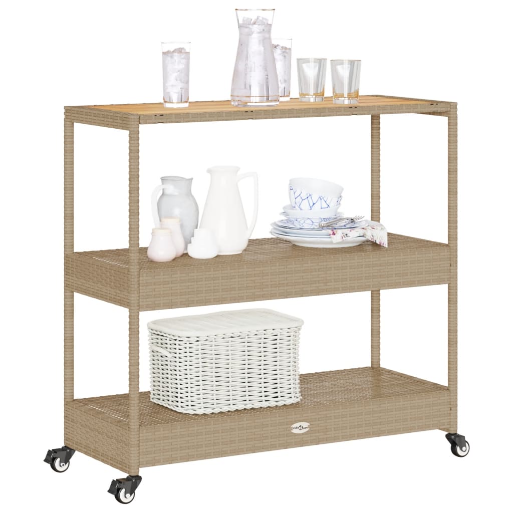 Barwagen 3 Böden Schwarz Poly Rattan und Massivholz Akazie