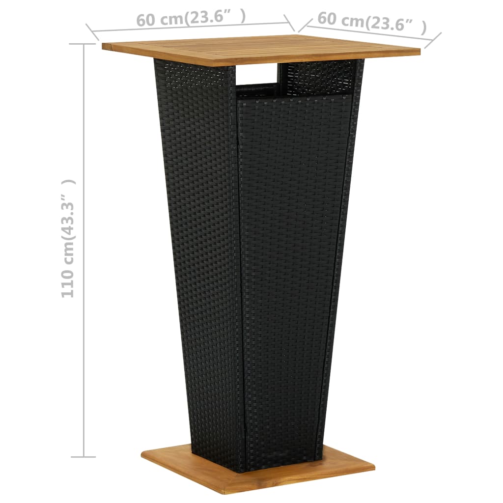 Bartisch Schwarz 80x80x110 cm Poly Rattan und Massivholz Akazie