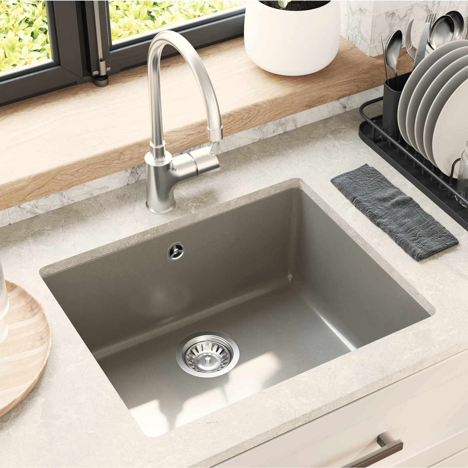 Waschbecken Schwarz 370 x 460 mm 80% Quarz und 20% Harz