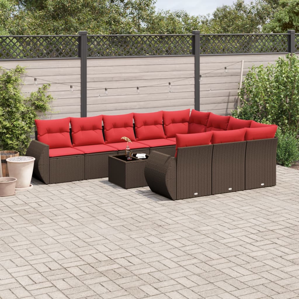 10-teiliges Gartensofa-Set mit Kissen, schwarzes Polyrattan