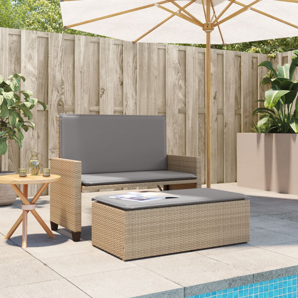Gartenbank mit Kissen und Hocker Schwarz Poly Rattan