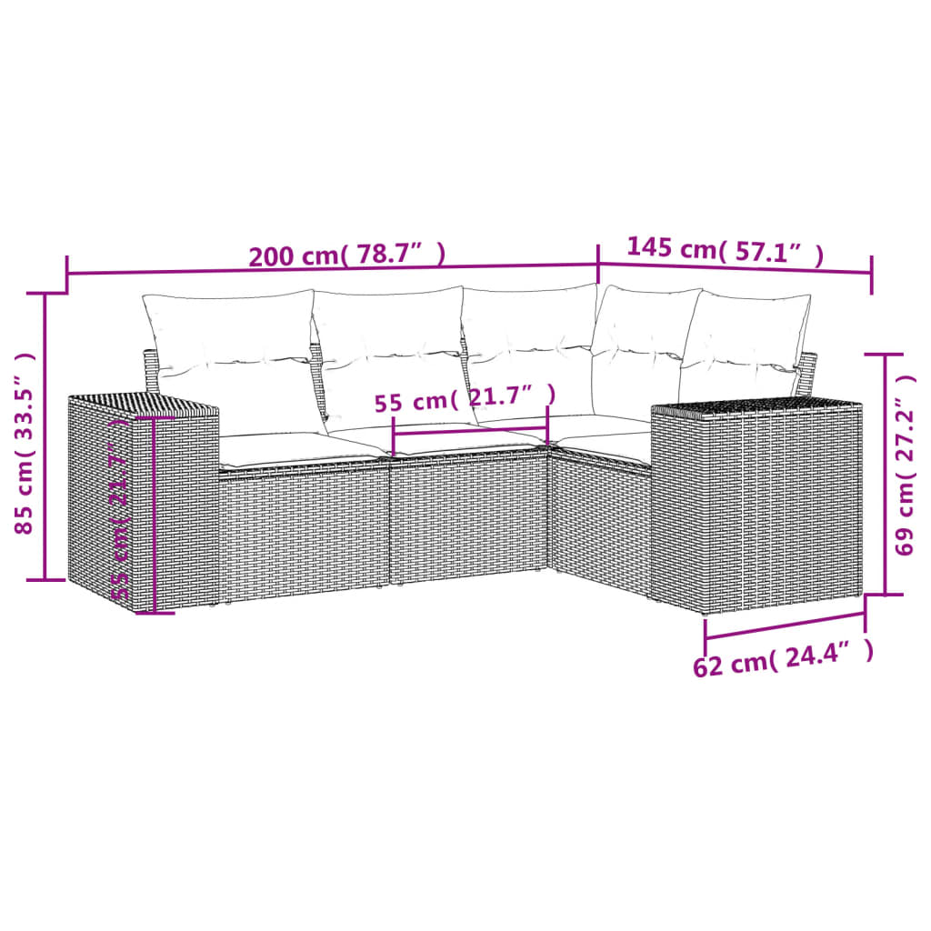 4-teiliges Gartensofa-Set mit Kissen, schwarzes Polyrattan