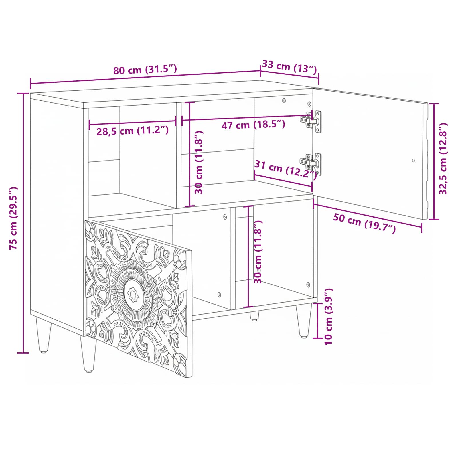 Sideboard mit Speicher Braun 80 x 33,5 x 75 cm Massivholz Mango