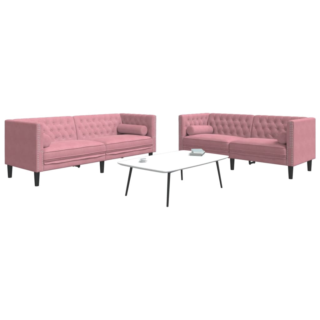 3-tlg. Chesterfield-Sofa-Set mit Nackenrollen Hellgrau Samt
