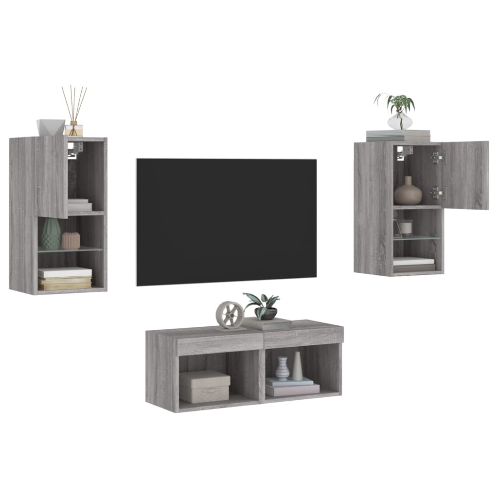 4-tlg. TV-Wohnwand mit LED-Leuchten Weiß