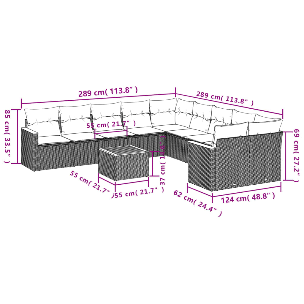 10-teiliges Gartensofa-Set mit Kissen, schwarzes Polyrattan