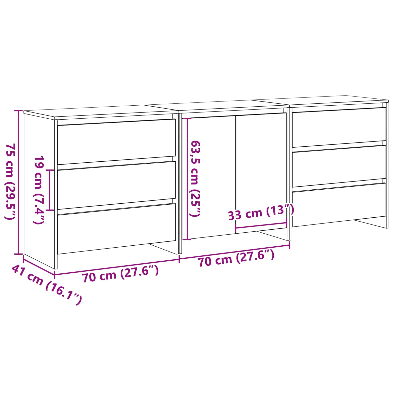 3-tlg. Sideboard Weiß Holzwerkstoff