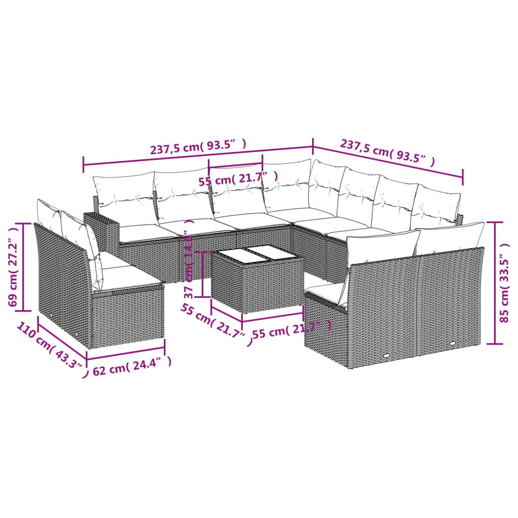 11-tlg. Garten-Sofagarnitur mit Kissen Schwarz Poly Rattan