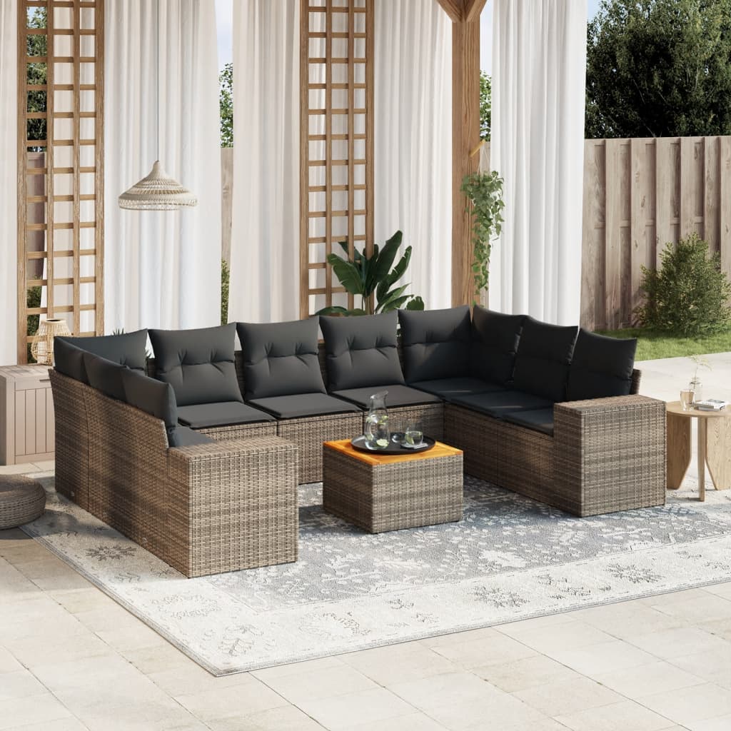10-tlg. Garten-Sofagarnitur mit Kissen Schwarz Poly Rattan