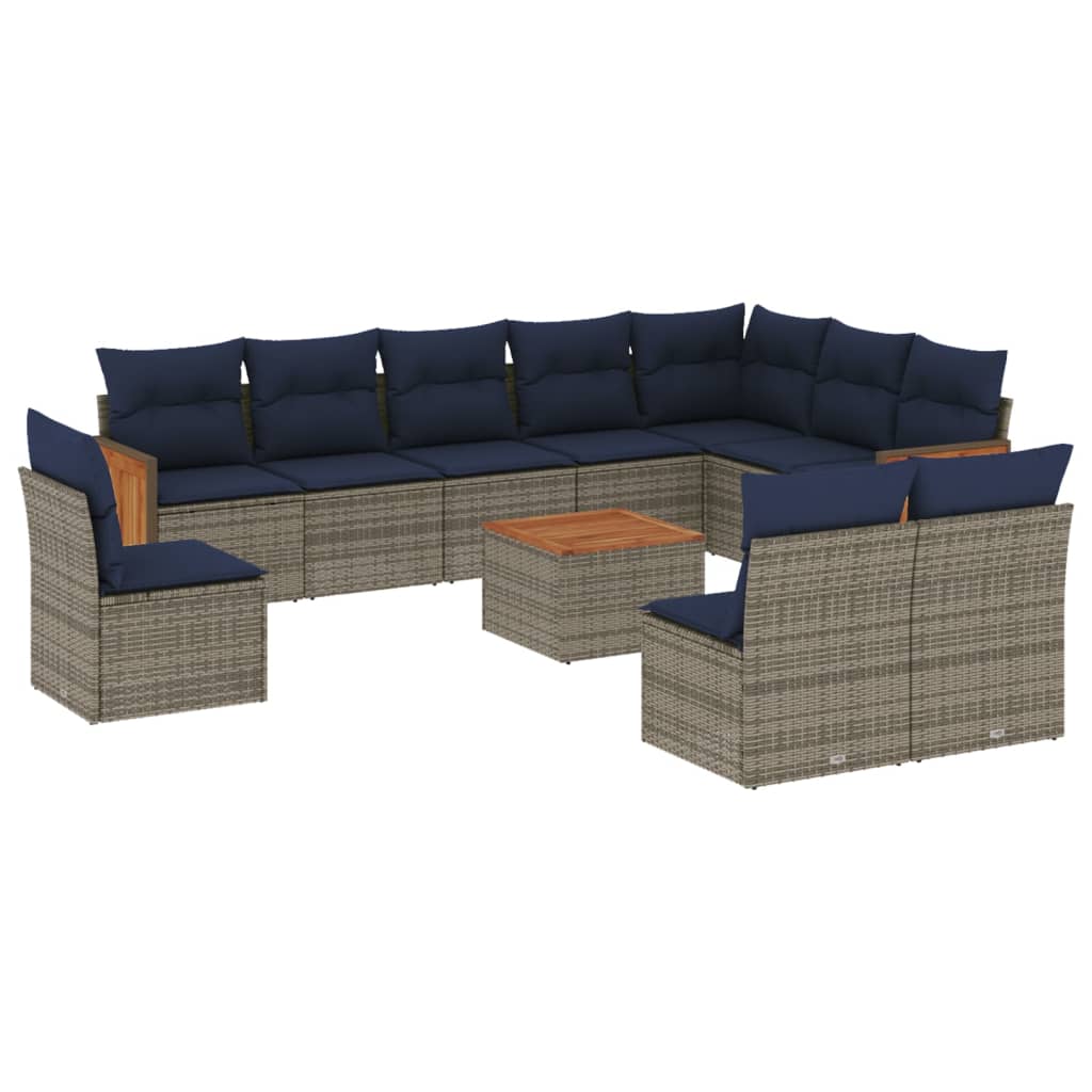 10-teiliges Gartensofa-Set mit Kissen, schwarzes Polyrattan