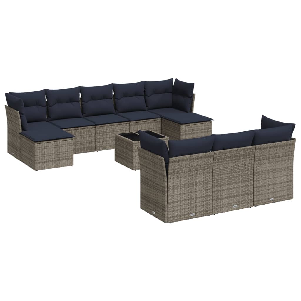 10-teiliges Gartensofa-Set mit Kissen, schwarzes Polyrattan
