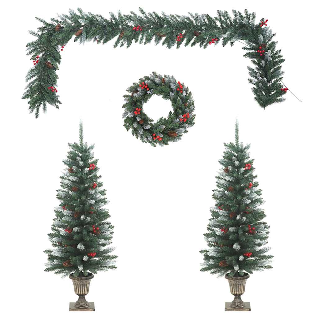 Künstliche Weihnachtsbäume 2 Stk. mit Kranz, Girlande und LEDs
