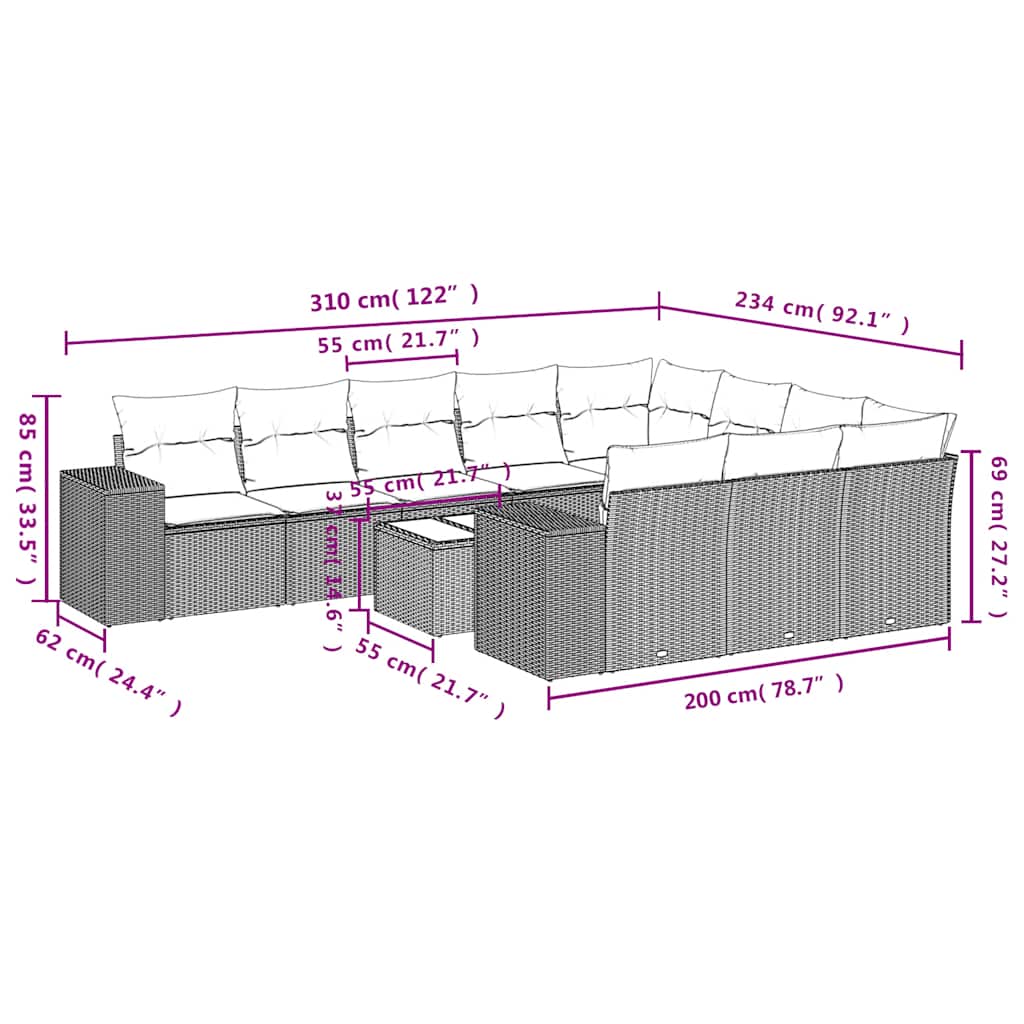 10-teiliges Gartensofa-Set mit Kissen, schwarzes Polyrattan