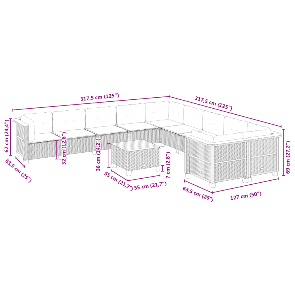 10-tlg. Garten-Sofagarnitur mit Kissen Beige Poly Rattan