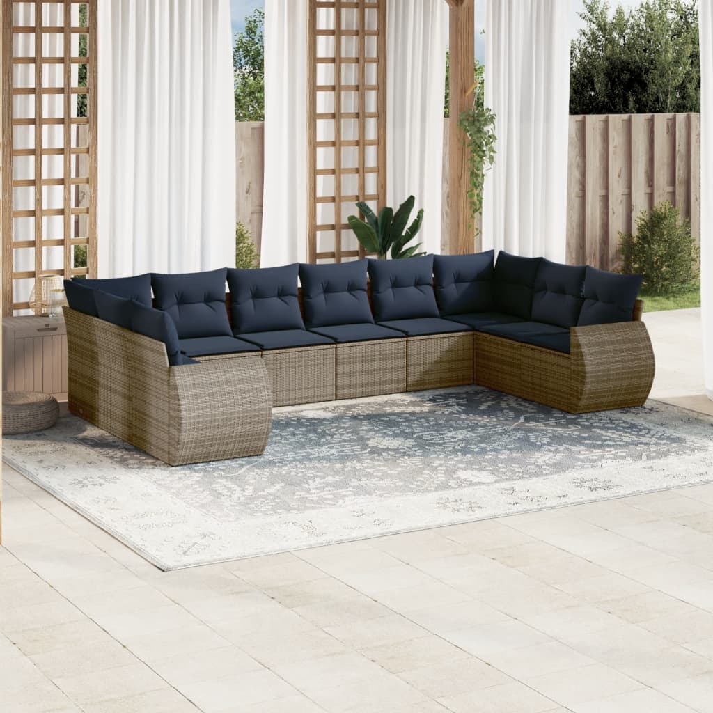 10-teiliges Gartensofa-Set mit Kissen, schwarzes Polyrattan