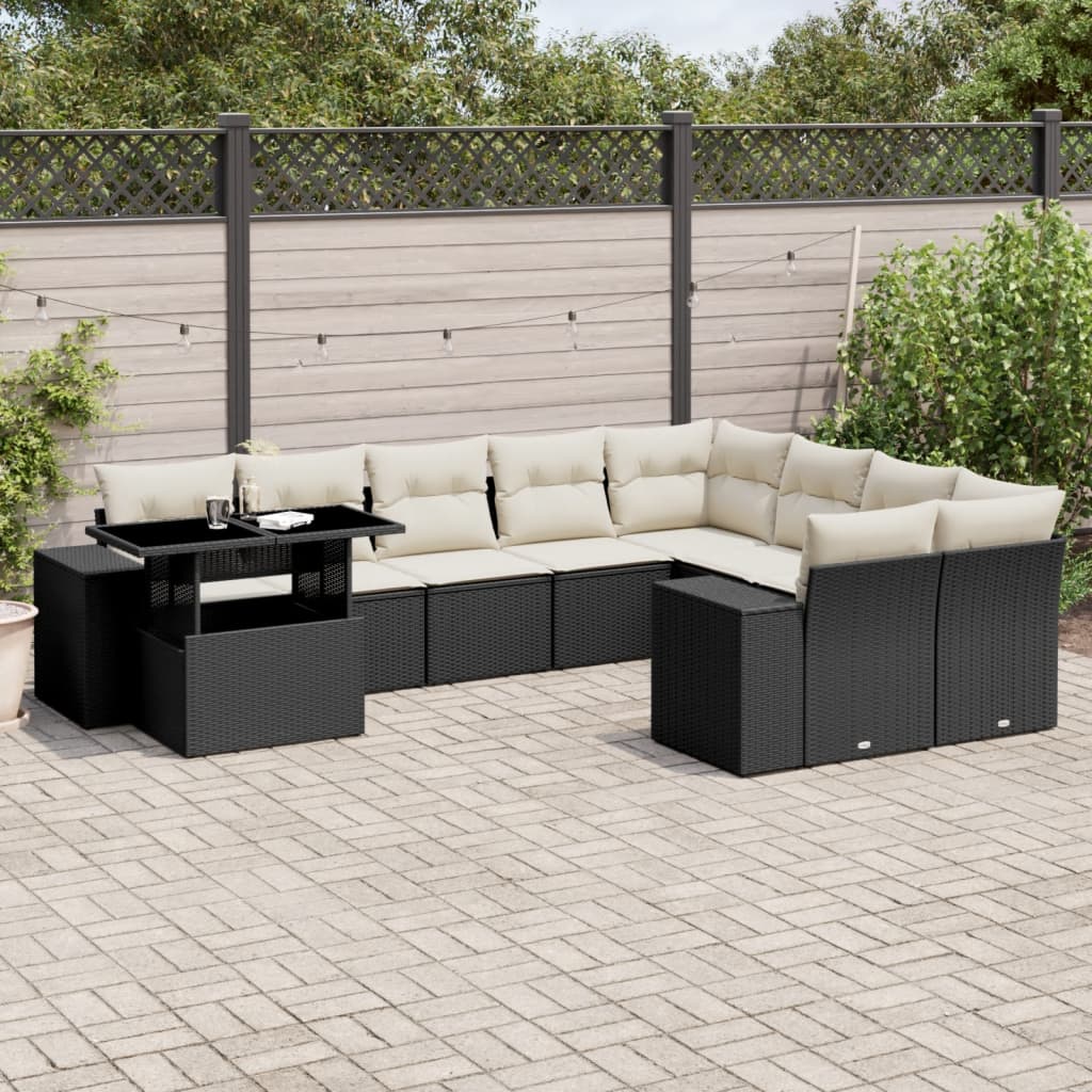 10-tlg. Garten-Sofagarnitur mit Kissen Beige Poly Rattan